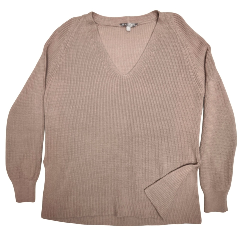 Athleta Merino Wool Cozy Chunky Sweater Ribbed V Neck Rose Side Slit Small